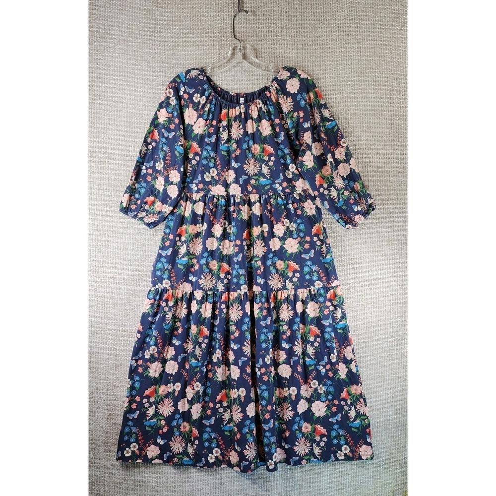 Tea Collection Womens S Blue Floral Midi Dress Stretch Knit Cottage 3/4 Sleeve